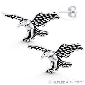 American Bald Eagle Animal Charm Stud Earrings in Oxidized .925 Sterling Silver
